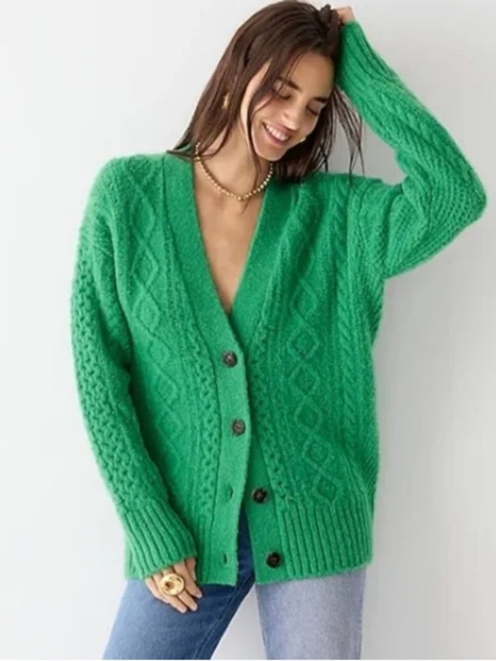 J. Crew Oversized Cable Knit Stretch Wool Cardigan Kelly Green